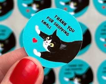 Cat Packaging Stickers, Thank You Sopping Small, Tuxedo Cat, Round Labels, Set Of 45