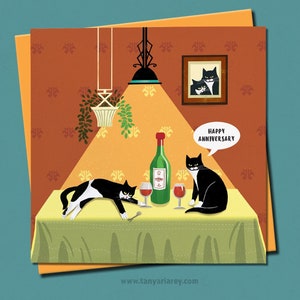 Funny Anniversary Card, Cat Anniversary, Wine Anniversary, Wine And Cats, Tuxedo Cat, Drunk Cats