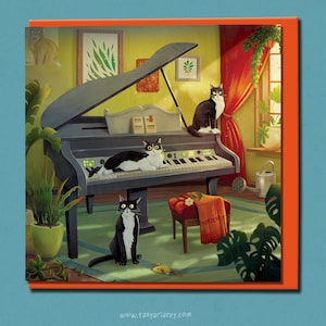 Carte de musicien, carte de pianiste, carte de professeur de piano, carte d'anniversaire drôle avec piano et chats