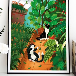 Tuxedo Cats In Green House Art Print, Home Decor For Cat Lover Gift