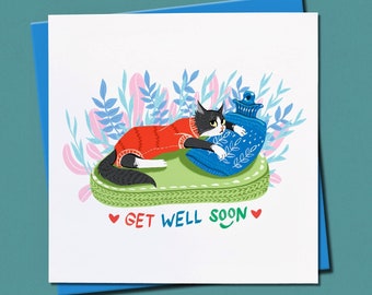 Get Well Soon Card, Cat Card, Tuxedo Cat Card, Cute Hand Drawn Card