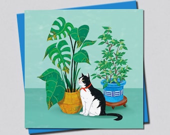 Cat Card, Tuxedo Cat Art, Cat & Plants, Illustrated Card, Blank Greeting Card, Cat Lover Gift, Cat Mum Card