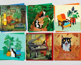 Quirky, Cute & Funny Greetings Card Set, Unique Cat Illustrations, Cat Lover Gift, Set of 6