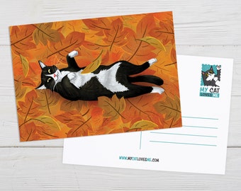 Tuxedo Cat Art, Cat Postcard, Autumn, Fall Art Print, Cat Lover Gift