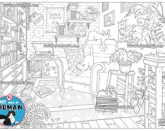 Interior Malseite, ästhetischer Raum, detaillierte Färbung, Katzen & Pflanzen, Boho Interior, Boho, nordisch, Hygge