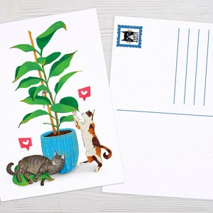 Carte postale artistique, carte postale de chat tigré, cadeau pour amoureux des chats, carte de maman chat, illustration de chat drôle, dessin de plante
