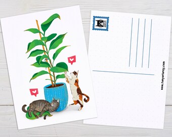 Art Postcard, Tabby Cat Postcard, Cat Lover Gift, Cat Mum Card, Funny Cat Illustration, Plant Drawing