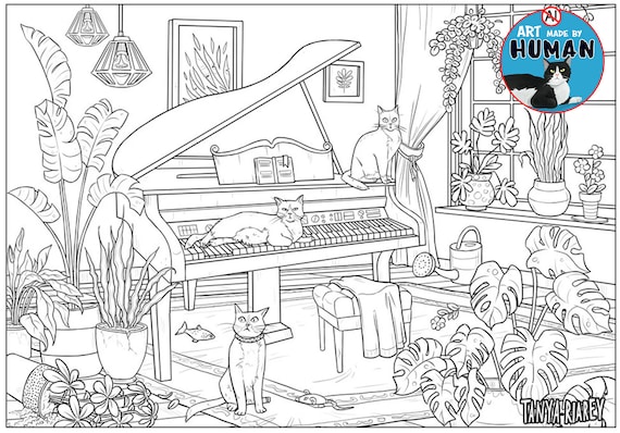 Cat Colouring Page, Boho Home Interior (Digital Download)