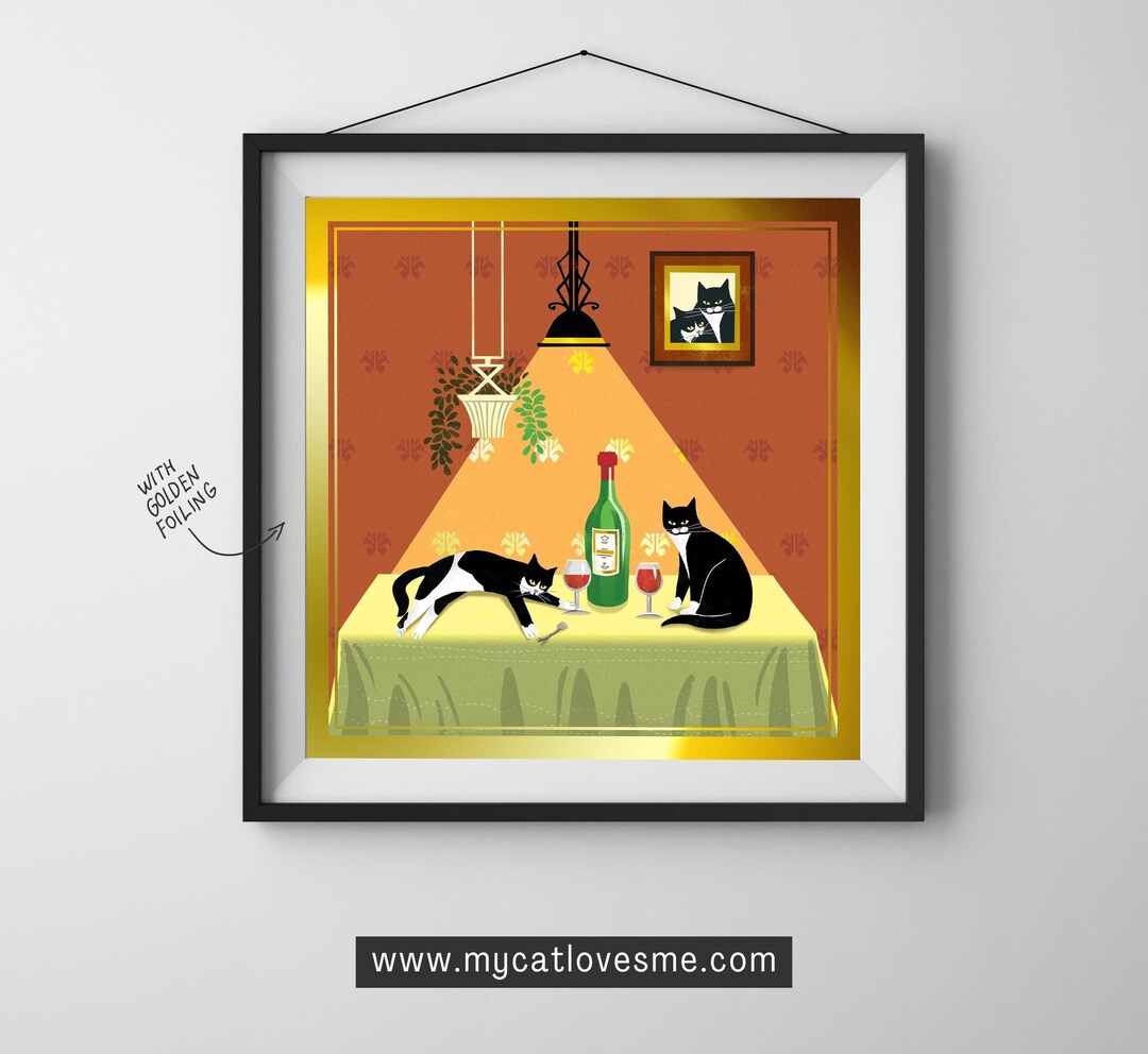 Drinking Cats & Wine, Cat Lover Gift, Art Print, Flat Modern Style ...
