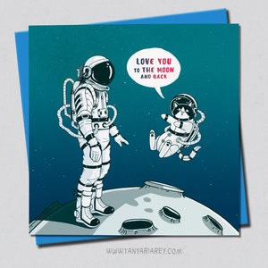 Carte je t'aime, carte d'anniversaire de l'espace, lune et dos, chat de l'espace, épouse, partenaire, petite amie, petit ami