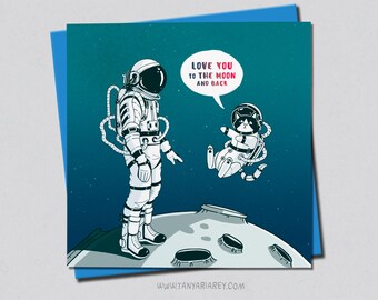 Love You Card, Anniversary, To The Moon And Back, Space Cat, Wife, Partner, Girlfriend, Boyfriend Card
