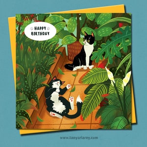 Carte chat, jolie carte d'anniversaire, chats smoking, plantes, serre, art de la véranda, illustration de chat, carte pour amoureux des chats