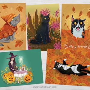 Hello Autumn Postcards Set, Tuxedo Cat Postcards, Fall Postcards, Halloween Cards
