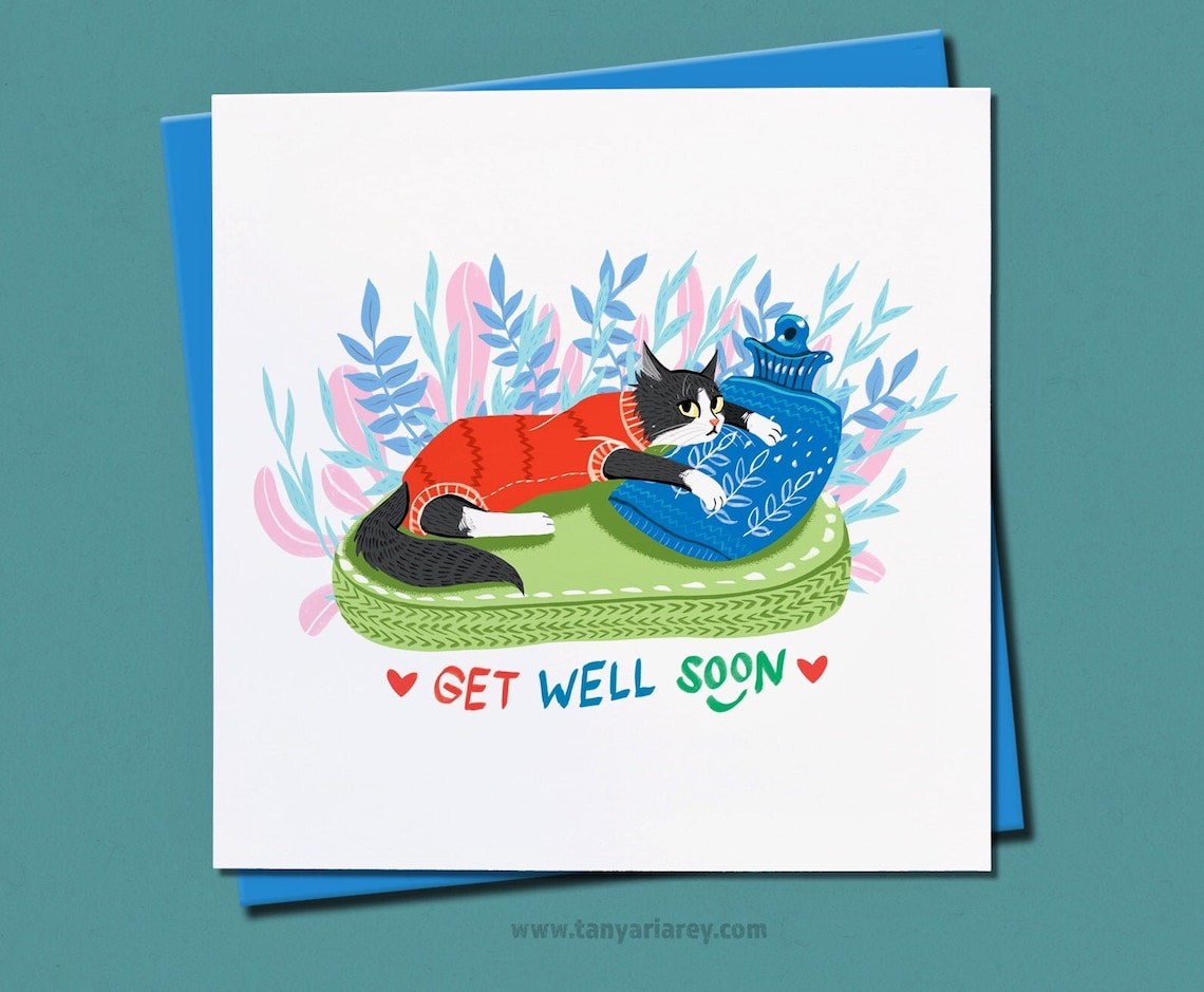 Get Well Soon Card Cat Card Tuxedo Cat Card Cute Hand Drawn Etsy
