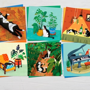 Jeu de 6 cartes de smoking chat, art de chat, illustration de chat, cartes de chat mignon, carte d'anniversaire, cadeau pour amoureux des chats