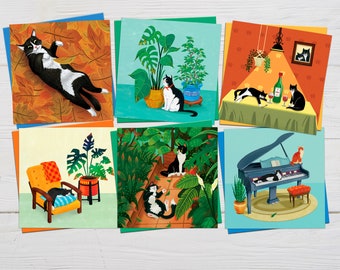 6 Tuxedo Cat Cards Set, Cat Art, Cat Illustration, Cute Cat Cards, Birthday Card, Cat Lover Gift