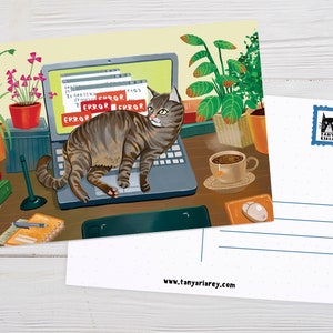 Carte postale, Travail à domicile, Carte de travailleur indépendant, Chat tigré, Cadeau pour artiste numérique, Art de chat mignon, Dessin réconfortant
