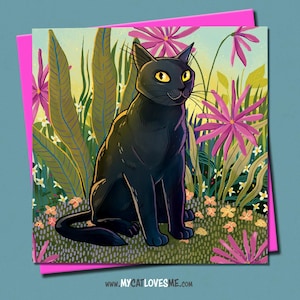Carte de voeux chat noir, carte d'anniversaire de chat, chat dans le jardin, carte pour chat, maman, ami, fille