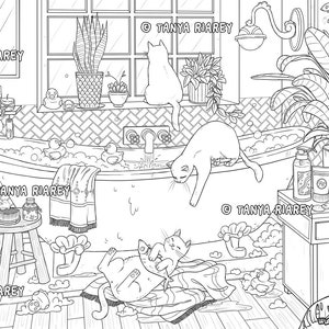 Adult Colouring Page, Interior Design, Cat Coloring, Bathroom, Nordic, Hygge, Bohemian Interior, Boho