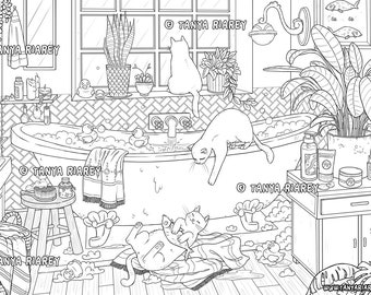 Adult Colouring Page, Interior Design, Cat Coloring, Bathroom, Nordic, Hygge, Bohemian Interior, Boho