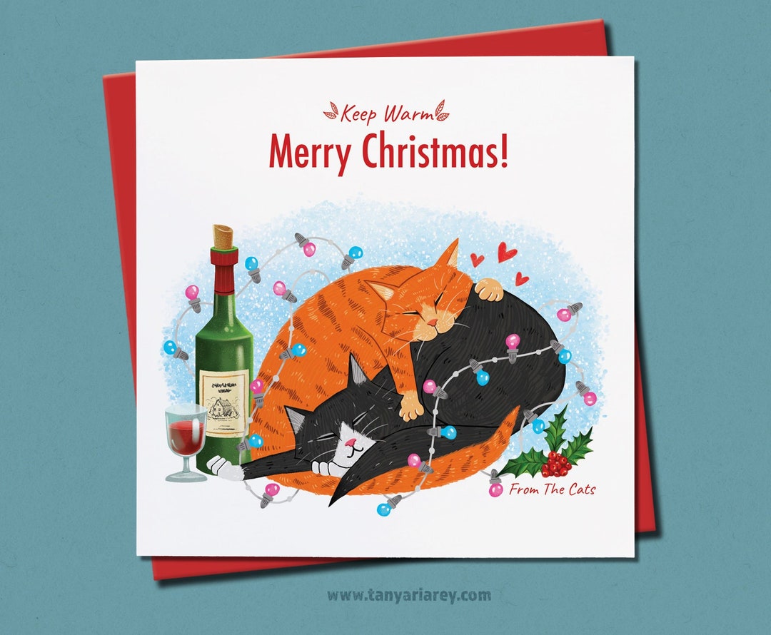 Funny Christmas Card, Cat Christmas Card, Cute Hand Drawn Card With ...