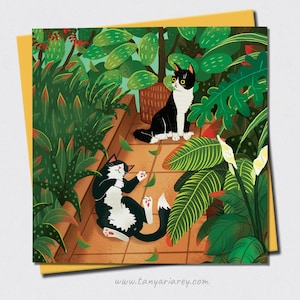 Jolie carte de chat, carte d'anniversaire de chat, chats smoking dans une serre, véranda avec plantes, illustration de chat, carte d'amoureux des chats