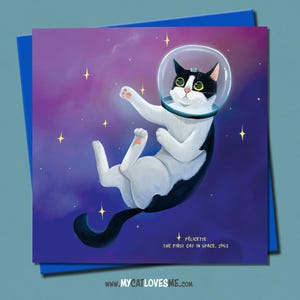 Space Cat Félicette Card, Tuxedo Cat, Space Cat Lover Card, Cute Illustrated Card