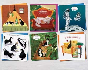 6 Cat Greeting Cards, Funny Birthday Card Set, Tuxedo Cat Card, Cat Lover Gift