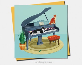 Cat Birthday Card, Musician Card, Pianist, Piano Teacher Card, Funny Birthday Card, 30th, 50th, Tuxedo Cat, Ginger Cat