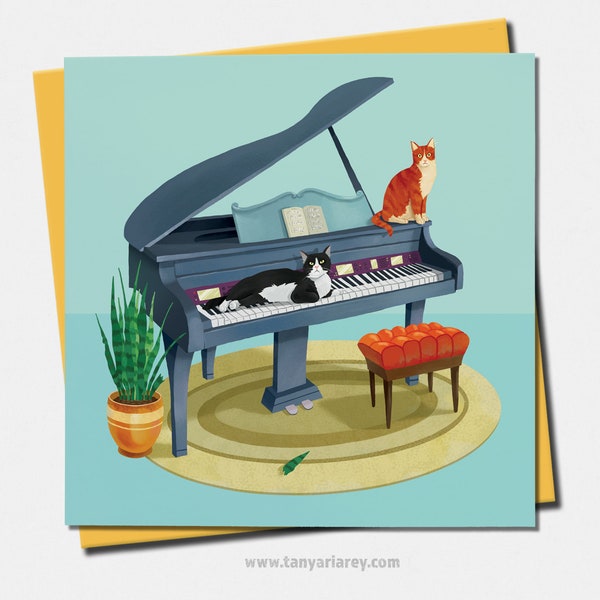 Cat Birthday Card, Musician Card, Pianist, Piano Teacher Card, Funny Birthday Card, 30th, 50th, Tuxedo Cat, Ginger Cat