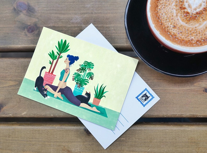 Yoga And Cats Illustrations Art Postcards With Black Cats Cute Cat Art Print Yoga And Cats Illustrations Art Postcards With Black Cats Cute Cat Art Print