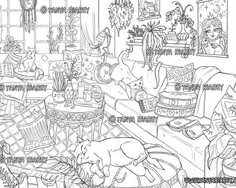 Interior Colouring Page, Modern Interior Design, Bohemian Interior, Boho, Nordic, Hygge Style