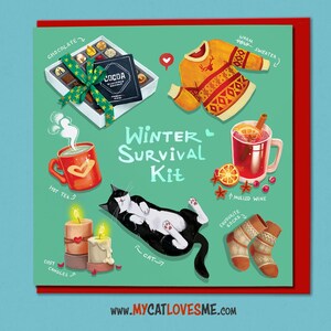 Carte d'anniversaire art hiver confortable, carte d'amant de chat, petite amie, meilleur ami et carte avec un chat smoking