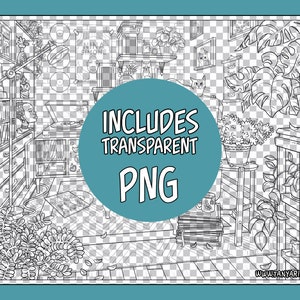 Boho Room Coloring Page, Cats and Plants, Detailed Line Art (PDF, JPG