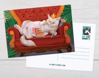 White Cat Art, Cat Postcard, Funny Birthday Gift, Cat Mum Gift, Illustrated Goodies