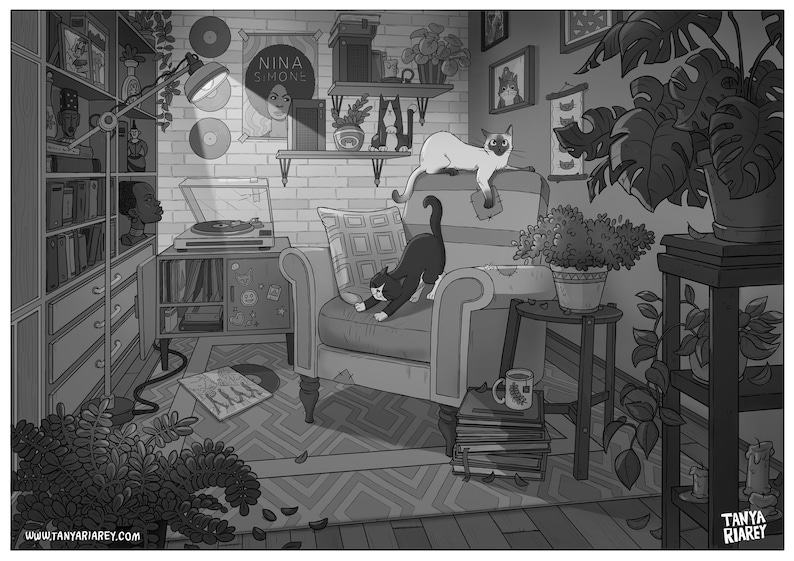 Boho Room Coloring Page, Cats and Plants, Detailed Line Art (PDF, JPG