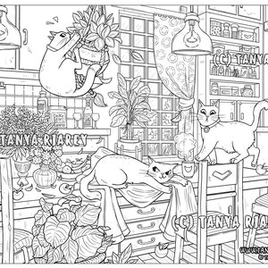 Cat Coloring Page, Interior Colouring, Adult Colouring Book, Cute Cats & Plants, Dream Home, Modern Interior Design