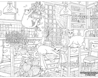 Cat Coloring Page, Interior Colouring, Adult Colouring Book, Cats & Plants, Dream Home