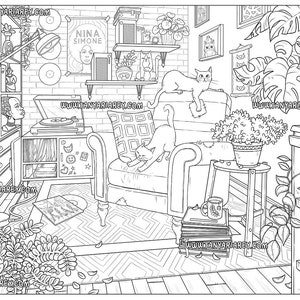 Interior Coloring Page, Aesthetic Room, Detailed Coloring, Cats & Plants, Bohemian Interior, Boho, Nordic, Hygge