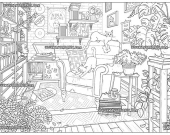 Interior Coloring Page, Aesthetic Room, Detailed Coloring, Cats & Plants, Bohemian Interior, Boho, Nordic, Hygge