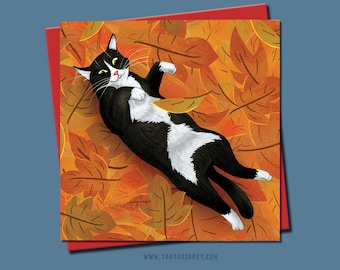 Tuxedo Cat Greeting Card, Cat Birthday Card, Autumn Card, Funny Cat Card, Card For Cat Lover