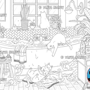 May include: A black and white cat sits in a bathtub with a cat toy and bubbles. A second cat is lying on a towel on the floor. The bathroom has a window, a plant, and a shelf with toiletries.