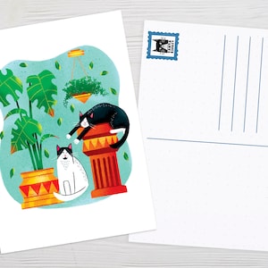 Carte postale de chat, Chat et plantes, Impression d’art de chat Tuxedo, Décoration murale, Signet de chat, Cadeau d’amoureux de chat
