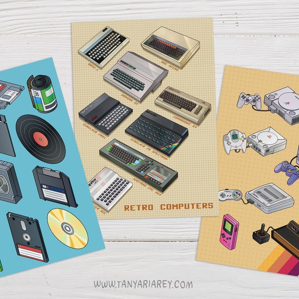 Retro Postcard Set, 3 Vintage Postcards, Christmas Geek Gift, Game Consoles, 1980's, Programmer Gift, Retro Computers