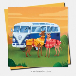 Carte d'anniversaire, chiens lévriers mignons, camping-car, cadeau pour amoureux des chiens, cadeau de voyage, carte de petit ami