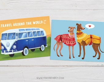 Travel Postcards, Greyhound Art Postcards, Cute Postcards, Retro Campervan