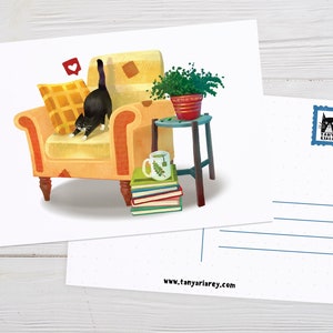 Art Postcard, Tuxedo Cat, Cute Cat Postcard, Kitten Art Print, Cat And Plants Postcard, Cat Bookmark