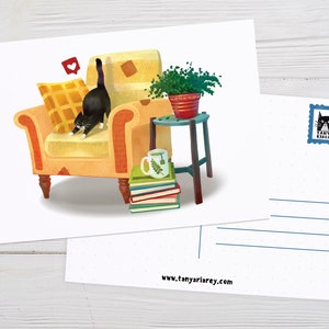 Carte postale d’art, Chat Tuxedo, Carte postale de chat mignon, Impression d’art de chaton, Carte postale de chat et de plantes, Signet de chat