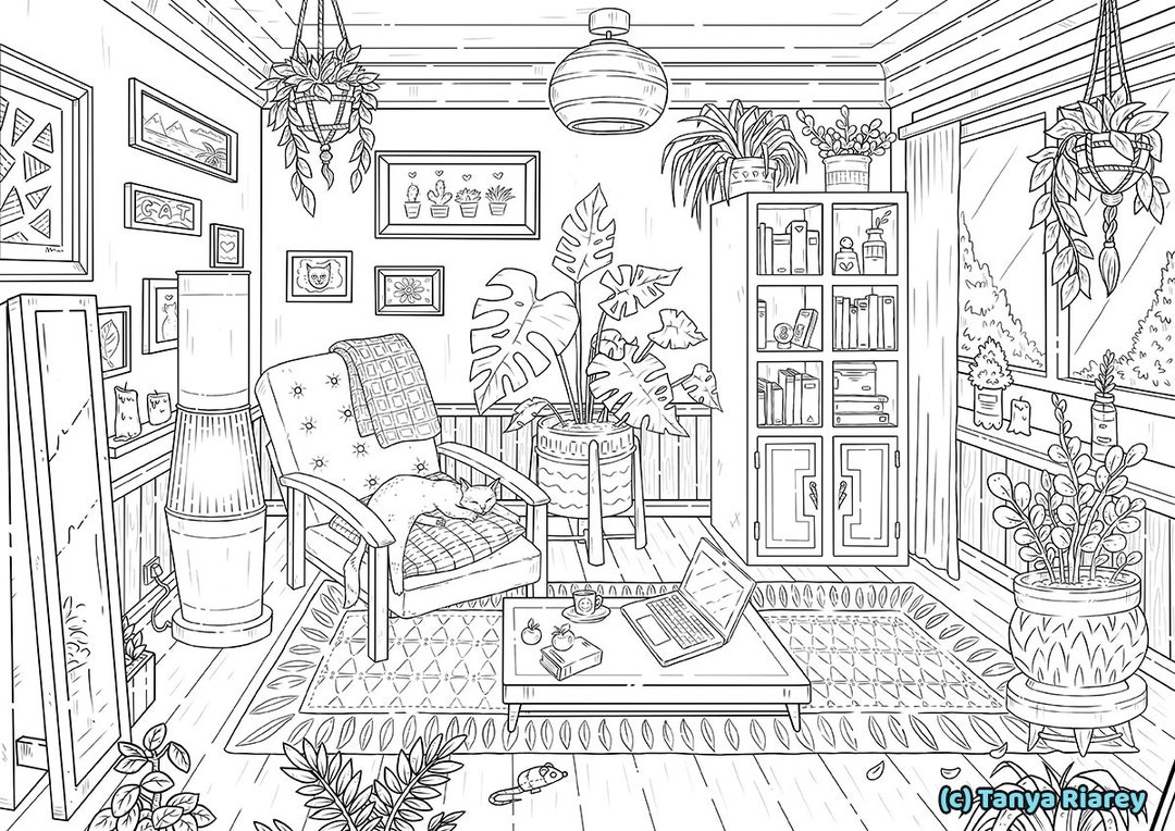 Interior Coloring Page, Adult Colouring Book, Cats & Plants, Aesthetic ...