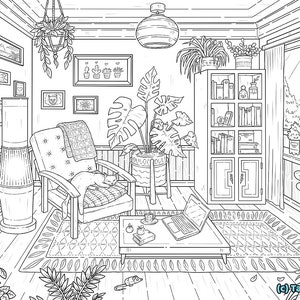 Interior Coloring Page, Adult Colouring Book, Cats & Plants, Aesthetic Room, Dream Home, Bohemian Interior, Boho, Nordic, Hygge